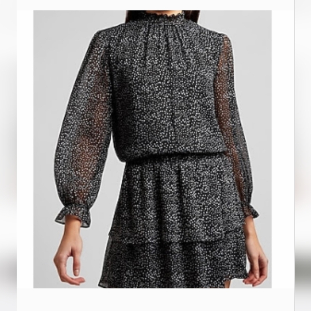 Express Black Dot Print Smocked Mock Neck Ruffled Tiered Mini Dress Size Med